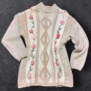 Needles & Yarn Vintage Womens Cable Knit Roses Embroidered Mock Neck Sweater Med